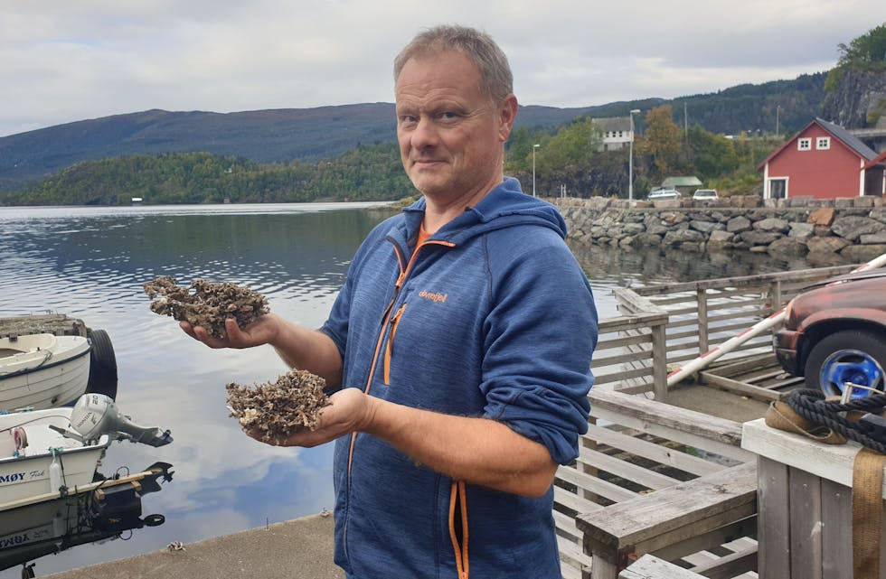 UVANLEG FANGST: Jan Totland har fleire gonger fått korallar på kroken når han har vore ute og fiska. Han fryktar at høgspentkabelen som skal leggjast i Samnangerfjorden kan koma i konflikt med eit eventuelt rev.