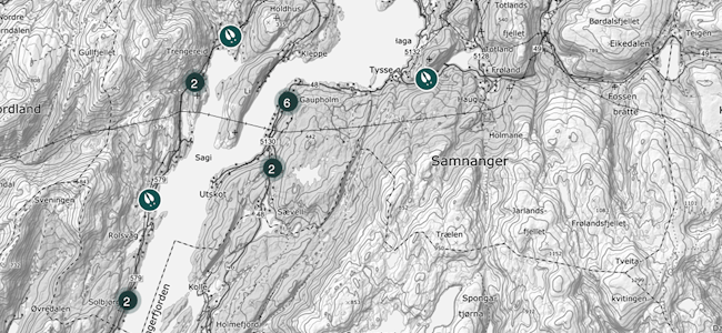 HER SMELL DET: Viltpåkøyrslane i fjor var spreidde over heile Samnanger, viser dette kartet frå hjorteviltregisteret. 