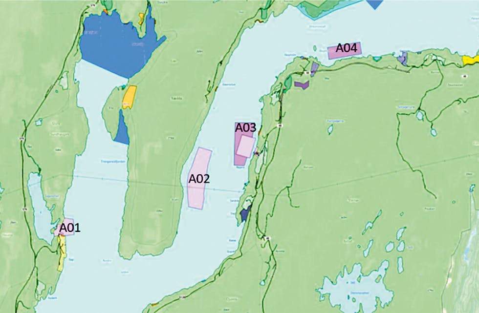 DAGENS KOMMUNEPLANKART: Naturutvalet har vedteke at areala A02 og A04 går ut, medan lokalitetane på Nygård og Sagen II får høve til utviding/endring. To nye lokalitetar er tenkt lenger ute i fjorden. 
