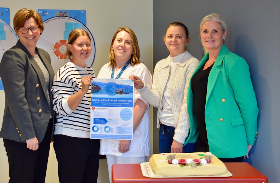 FINT BESØK: Posterprisen vart delt ut av representantar frå USHT sist veke. F.v. Kathrine Dahle, Beate Holmefjord, Ingrid Haukanes Røen, Linn Katla Gjerde og Hege C. Huseklepp.