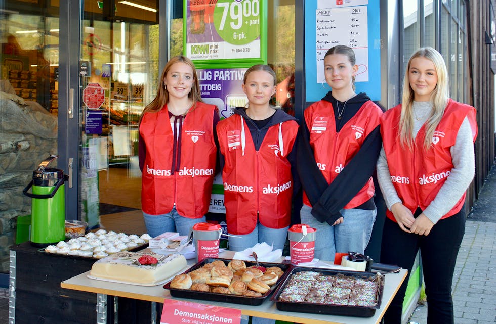 TRAVEL TORSDAG: Først bakte dei ein haug med bollar og kaker, deretter reiste dei til Bjørkheim for å selja alt saman til inntekt for ei god sak. Utanfor Kiwi stod f.v. Nora Liøen Tveiterås, Cecilie Mjelde Fonn, Olivia Sofie Tvedterås og Madelen Vatle.