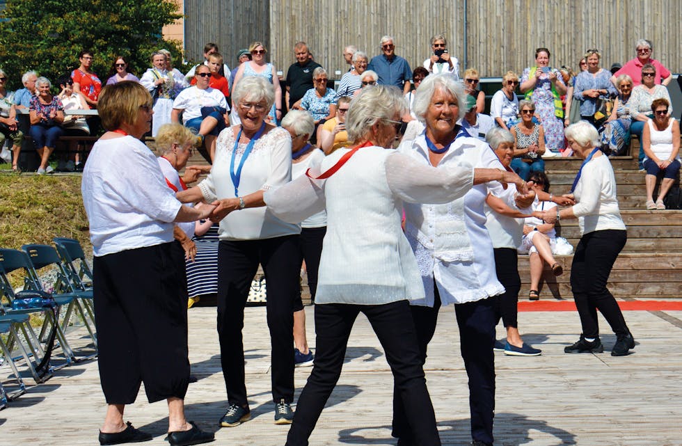 LIVLEG UNDERHALDNING: Seniordansarane underheldt på sommarmarknaden på Bjørkheim sommaren 2023.