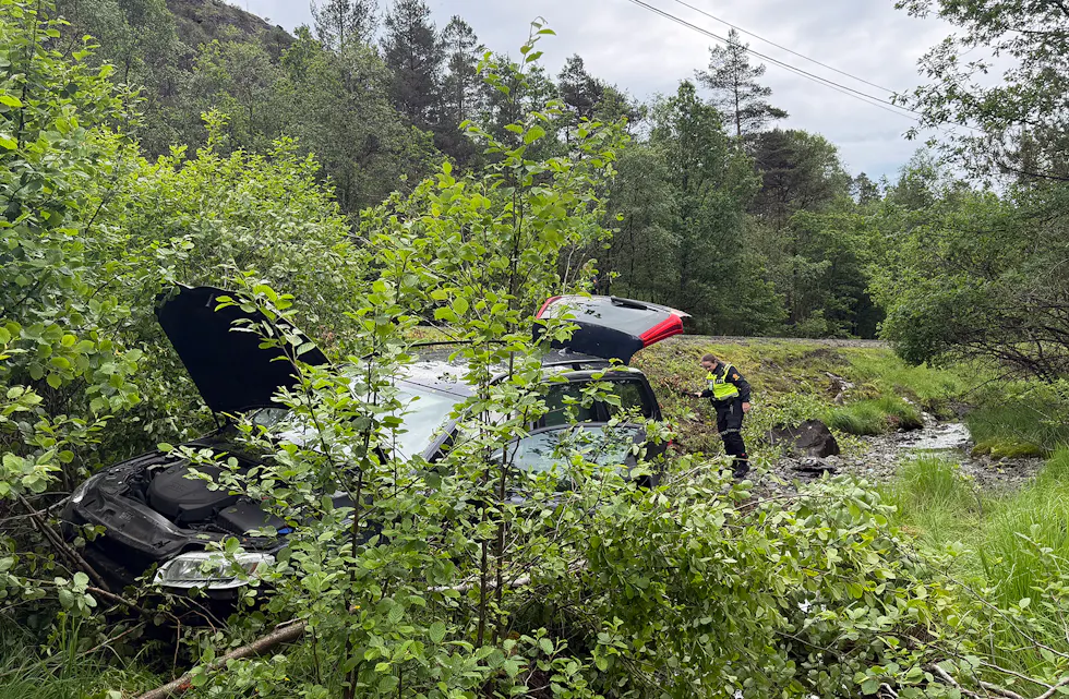 STORE MATERIELLE SKADAR: Politiet undersøkte bilen som hadde hamna utanfor vegen.